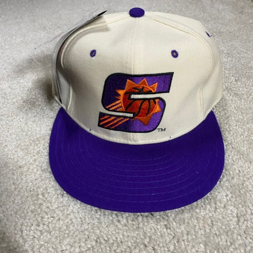 VTG New Era 5950 Phoenix Suns Hat 7 1/2 Cream Purple 90s NBA Wool USA Fitted